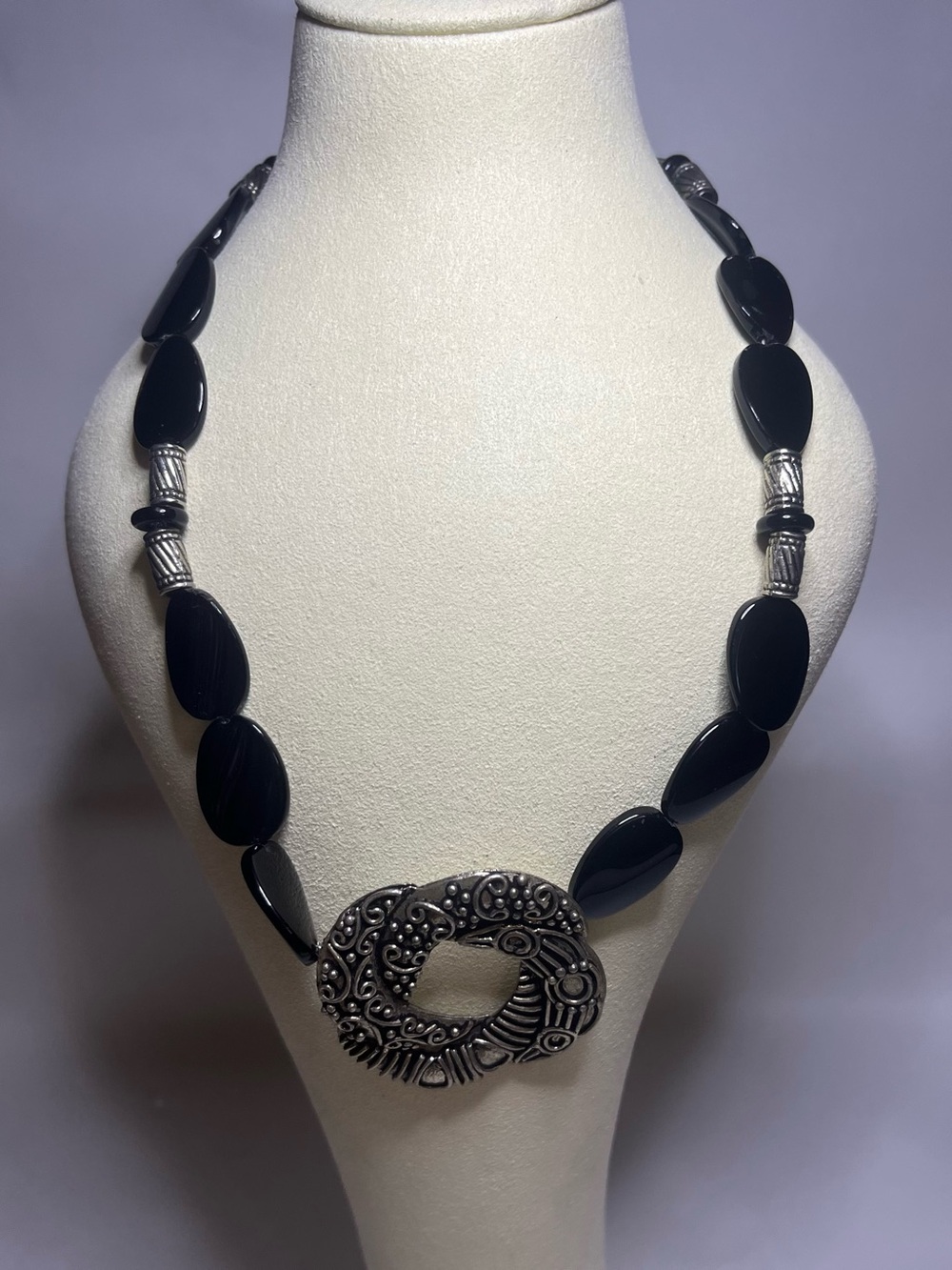 Black acrylic  Statement Necklace with Decorative Silver Pendant